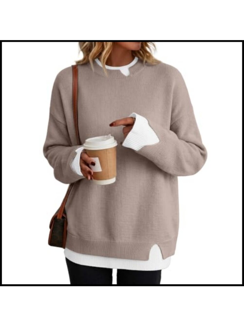 Oversized Patchwork Pullover Sweater Slit Cuffs Crew Neck Knit